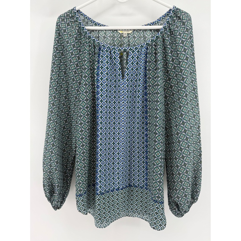 MAX STUDIO Women's Boho Print Peasant Blouse Top Blue Green Geometric Size M